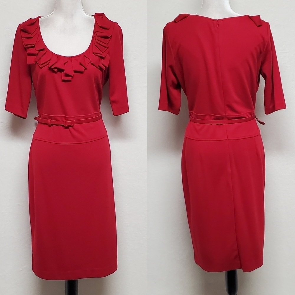 Retro Julian Taylor Red Front Ruffle Scoop Neck Belted Short Sleeve Midi Dress